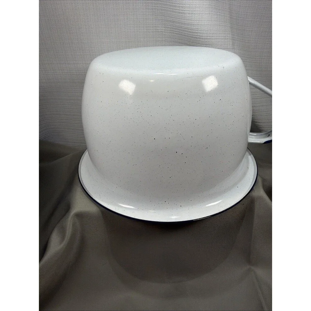 Vintage Enamelware Popcorn Bowl White Cobalt Blue Trim Speckled Pot 8.75” Large